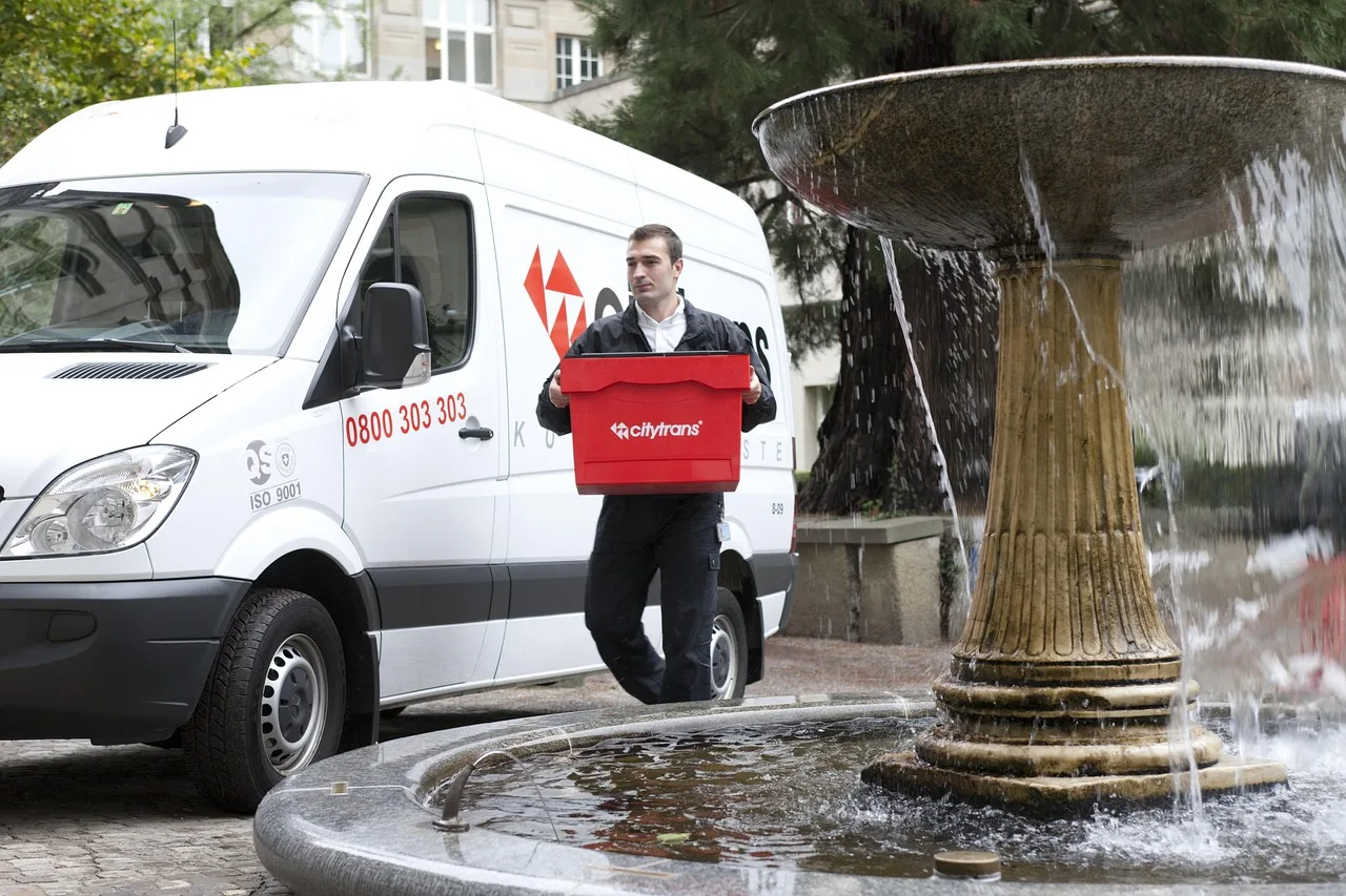 city trans, courier, courier driver, driver, delivery trucks, van, fountain, logbox, transport box, transport, box, university of zurich, mercedes sprinter, white, service, logistics, wear, drag, man, corridor, nature, walk, iso 9001, quality, red, water, delivery boy